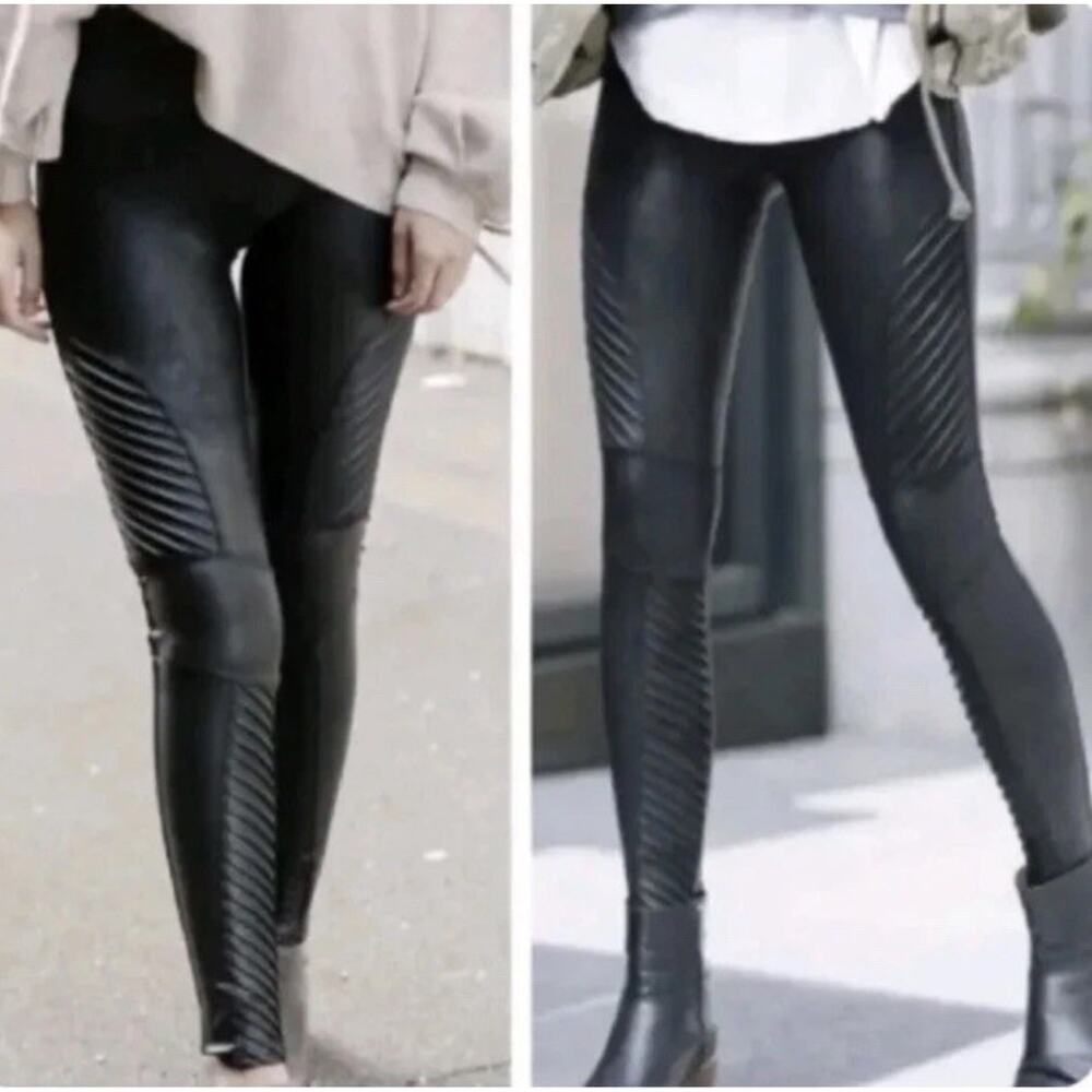 Spanx Womens Leggings Black Faux Leather Biker Moto Mid Rise Plus Sz 1X